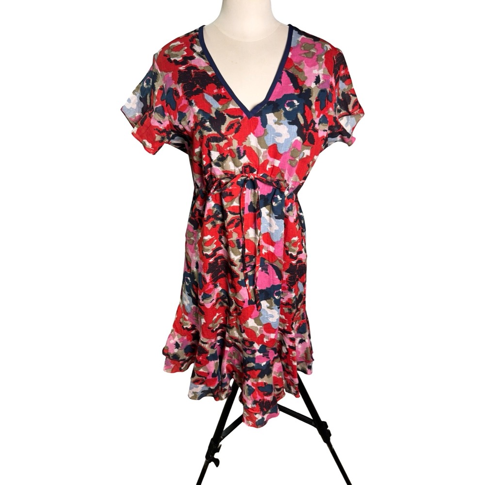 Rungolee Bellini Floral Cotton Dress V Neck Drawstring Cinch Fully Lined Great